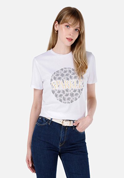 صورة من   رقبة مستديرة مطبوعة نسائية أبيض قصيرة أكمام تي شيرت