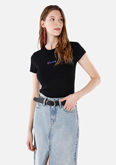 صورة من ضيق قصة رقبة مستديرة نسائي أسود كم قصير تي شيرت