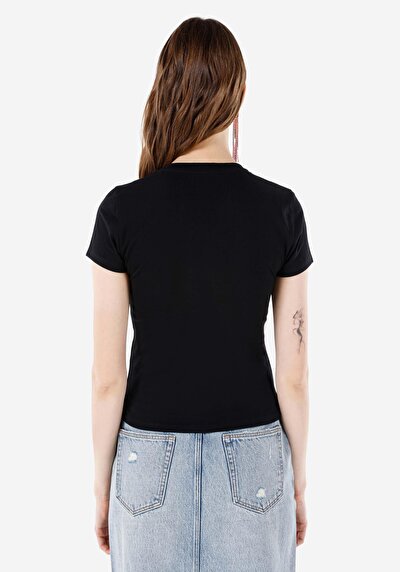 اعرض التفاصيل لـ ضيق قصة رقبة مستديرة نسائي أسود كم قصير تي شيرت