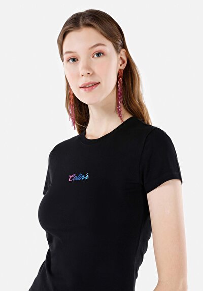 اعرض التفاصيل لـ ضيق قصة رقبة مستديرة نسائي أسود كم قصير تي شيرت