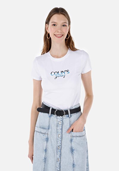 صورة من ضيق رقبة مستديرة مطبوعة نسائية أبيض كم قصير تي شيرت