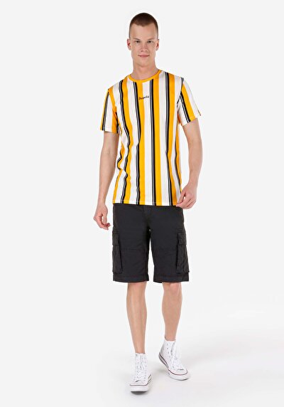 اعرض التفاصيل لـ عادي مقاس رقبة مستديرة مخطط رجالي أصفر كم قصير تي شيرت