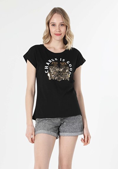 اعرض التفاصيل لـ أسود للنساء تي شيرت بأكمام قصيرة