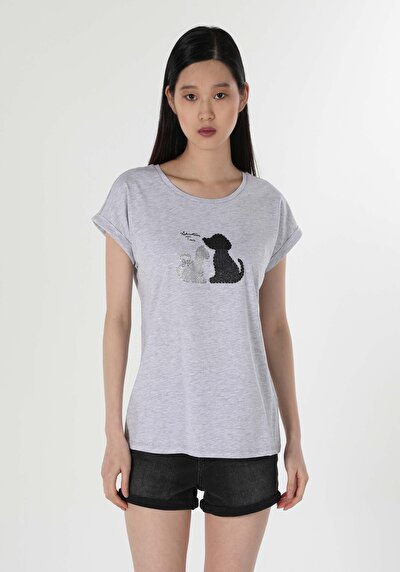 اعرض التفاصيل لـ رمادي للنساء تي شيرت بأكمام قصيرة