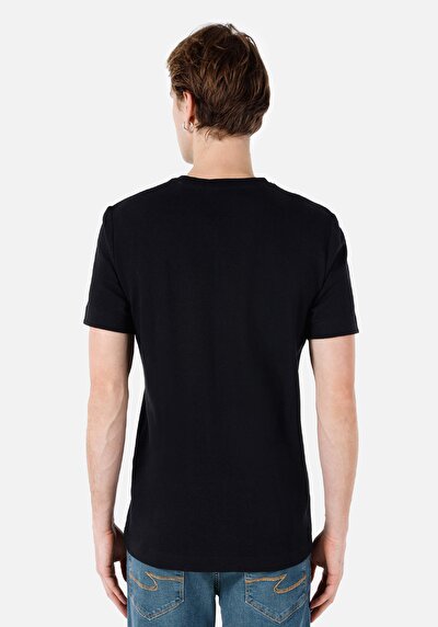 صورة من عادي مقاس رقبة مستديرة مستقيم رجالي أسود كم قصير تي شيرت