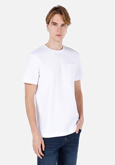 صورة من رقبة مستديرة مستقيم تي شيرت أبيض بأكمام قصيرة للرجال