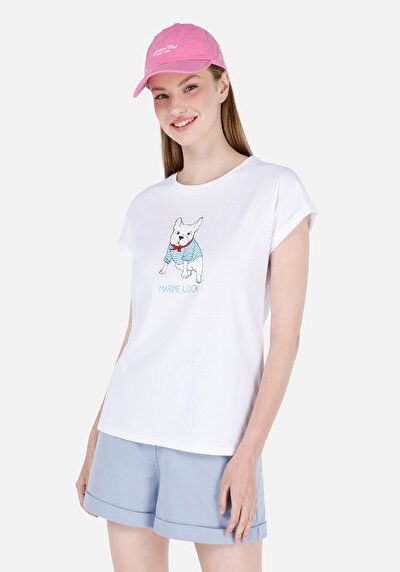 صورة من   رقبة مستديرة مطبوعة نسائية أبيض قصيرة أكمام تي شيرت