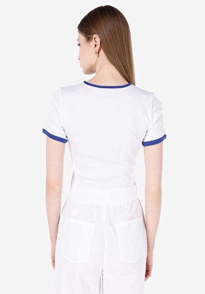 اعرض التفاصيل لـ ضيق  رقبة مستديرة مطبوعة نسائية أبيض كم قصير تي شيرت