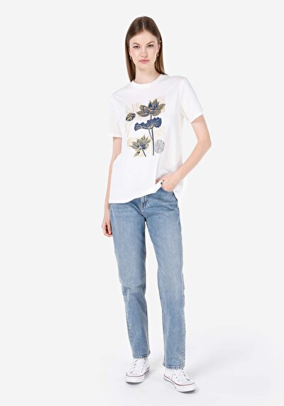 اعرض التفاصيل لـ   رقبة مستديرة مطبوعة نسائية أبيض قصيرة أكمام تي شيرت