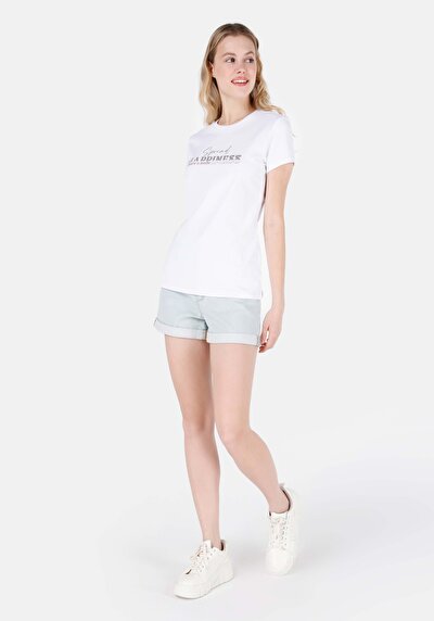 صورة من ضيق رقبة مستديرة مطبوعة نسائية أبيض كم قصير تي شيرت