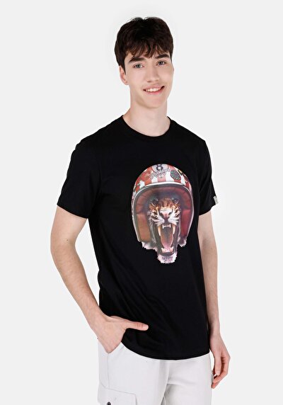 صورة من عادي مقاس رقبة مستديرة مستقيم رجالي أسود كم قصير تي شيرت