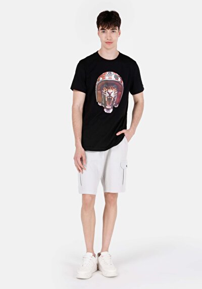 صورة من عادي مقاس رقبة مستديرة مستقيم رجالي أسود كم قصير تي شيرت