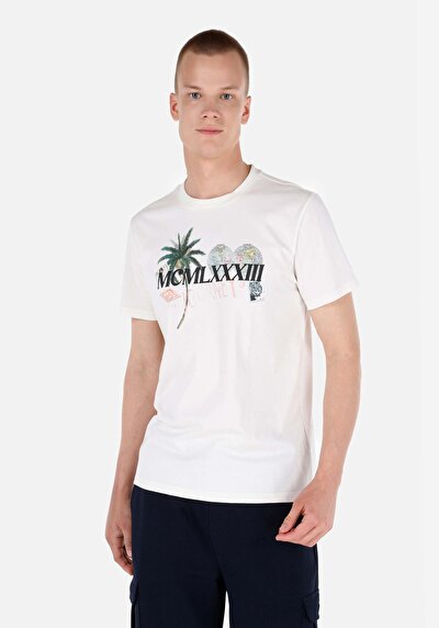 صورة من رقبة مستديرة مستقيم تي شيرت أبيض بأكمام قصيرة للرجال