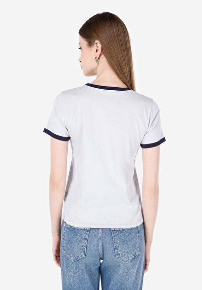 صورة من رقبة مستديرة مطبوعة نسائية أزرق كم قصير تي شيرت