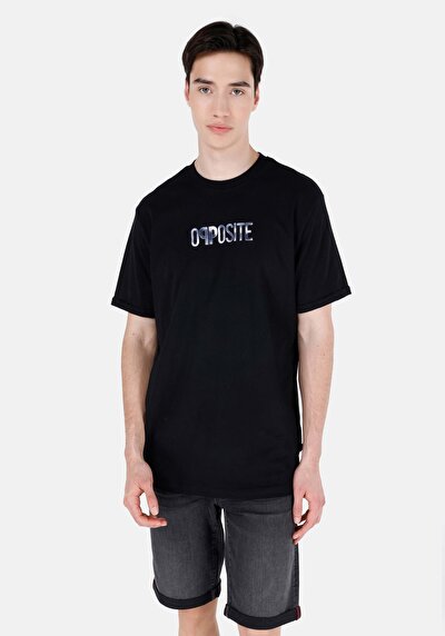 صورة من كومفورت فيت رقبة مستديرة مستقيم رجالي أسود كم قصير تي شيرت