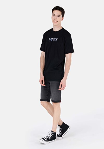 صورة من كومفورت فيت رقبة مستديرة مستقيم رجالي أسود كم قصير تي شيرت