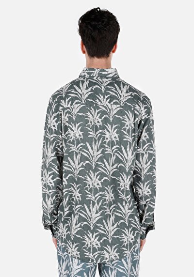 اعرض التفاصيل لـ قميص عادي مناسب رقبة مطبوع رجالي أخضر كم طويل قميص