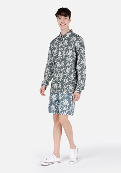 اعرض التفاصيل لـ قميص عادي مناسب رقبة مطبوع رجالي أخضر كم طويل قميص