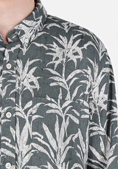 اعرض التفاصيل لـ قميص عادي مناسب رقبة مطبوع رجالي أخضر كم طويل قميص