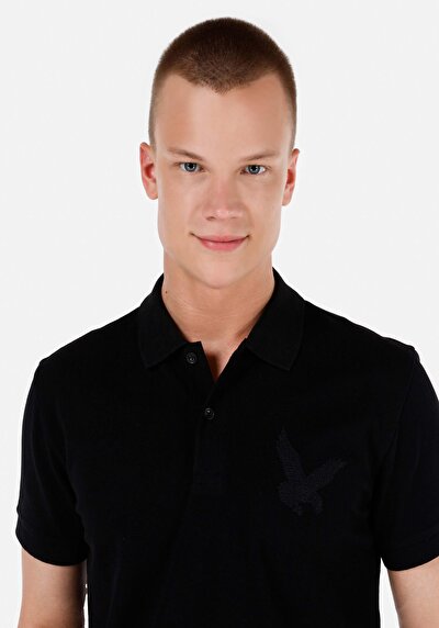 صورة من ياقة بولو عادية مستقيمة رجالي أسود كم قصير تي شيرت