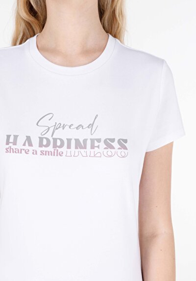 اعرض التفاصيل لـ ضيق  رقبة مستديرة مطبوعة نسائية أبيض كم قصير تي شيرت