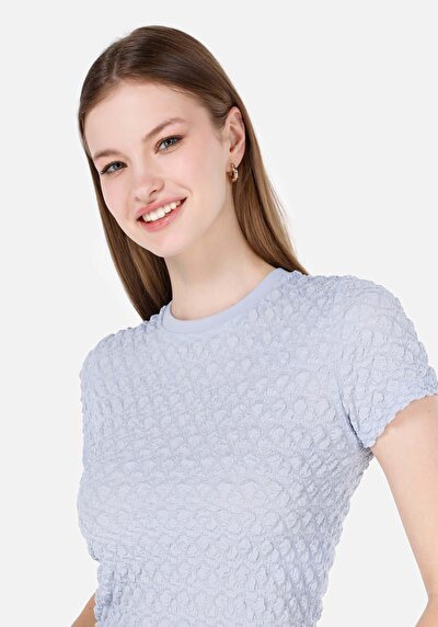 صورة من ضيق قصة رقبة مستديرة نسائي أزرق كم قصير تي شيرت