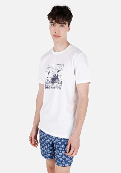 صورة من   رقبة مستديرة مستقيم تي شيرت أبيض بأكمام قصيرة للرجال