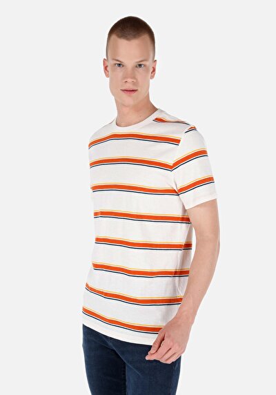 صورة من   رقبة مستديرة مخطط للرجال أبيض بأكمام قصيرة تي شيرت