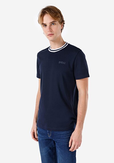 صورة من رقبة مستديرة مستقيم رجالي أزرق كحلي كم قصير تي شيرت