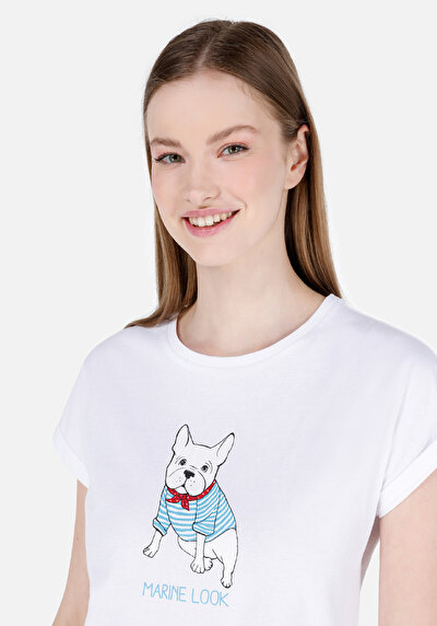 صورة من رقبة مستديرة مطبوعة نسائية أبيض قصيرة أكمام تي شيرت