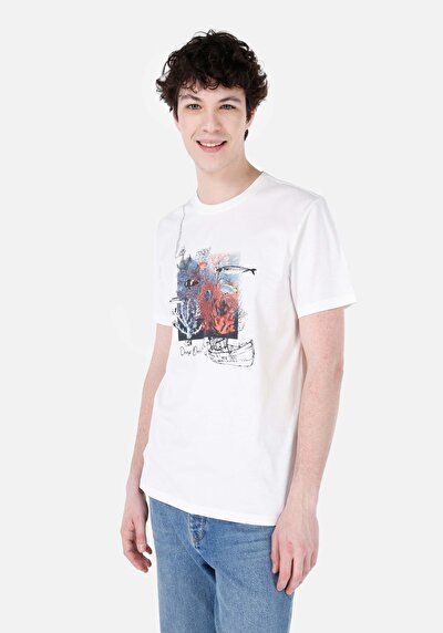 صورة من   رقبة مستديرة مستقيم تي شيرت أبيض بأكمام قصيرة للرجال