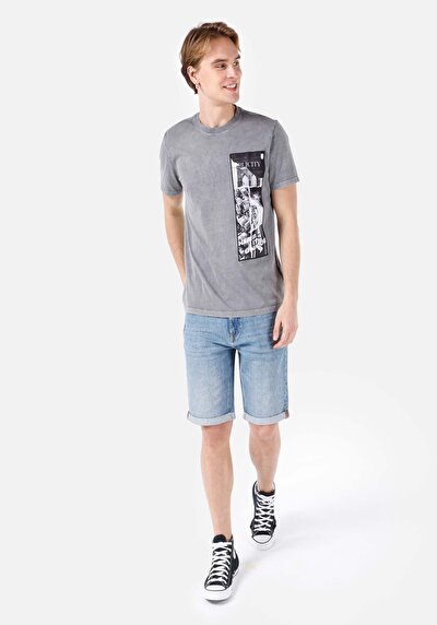 صورة من عادي مقاس رقبة مستديرة رجالي رمادي كم قصير تي شيرت