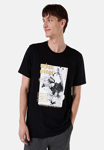 صورة من عادي مقاس رقبة مستديرة مستقيم رجالي أسود كم قصير تي شيرت