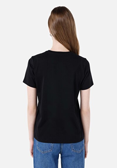 صورة من عادي مقاس رقبة مستديرة نسائي أسود كم قصير تي شيرت