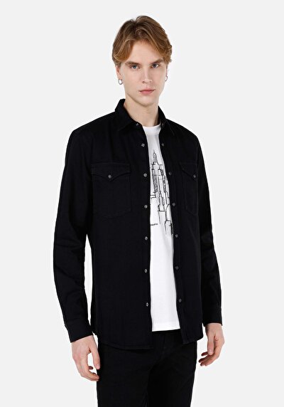 صورة من   ياقة كلاسيكية رجالي أزرق كم طويل قميص