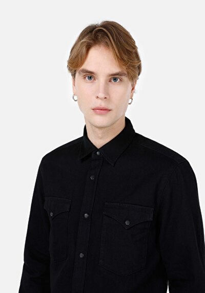 صورة من ياقة كلاسيكية رجالي أزرق كم طويل قميص