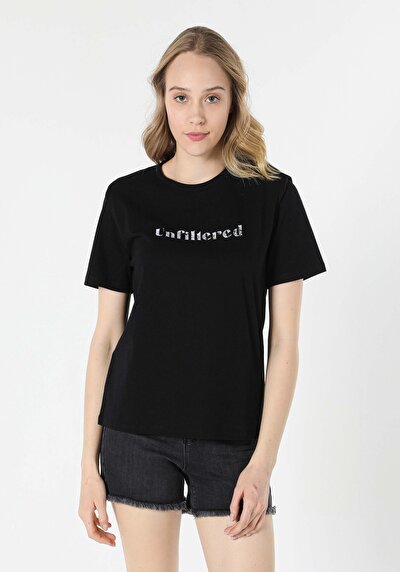 اعرض التفاصيل لـ أسود للنساء تي شيرت بأكمام قصيرة