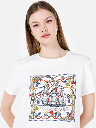 اعرض التفاصيل لـ   رقبة مستديرة مطبوعة نسائية أبيض قصيرة أكمام تي شيرت