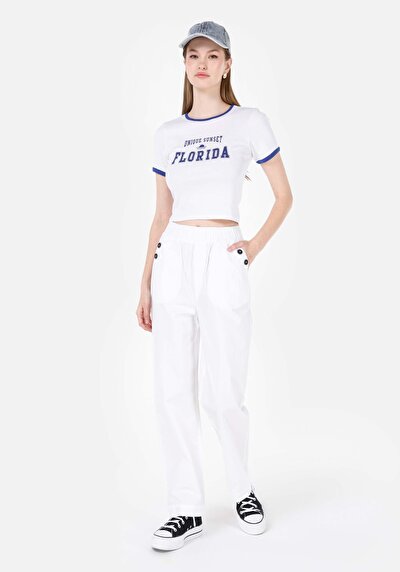 اعرض التفاصيل لـ ضيق  رقبة مستديرة مطبوعة نسائية أبيض كم قصير تي شيرت