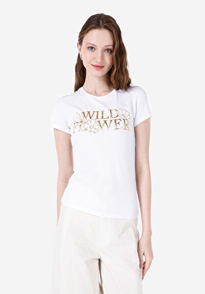 صورة من ضيق  رقبة مستديرة مطبوعة نسائية أبيض كم قصير تي شيرت