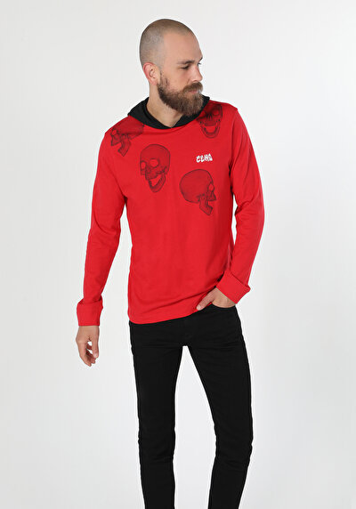 صورة من رقبة مستديرة مستقيم رجالي أحمر كم طويل تي شيرت