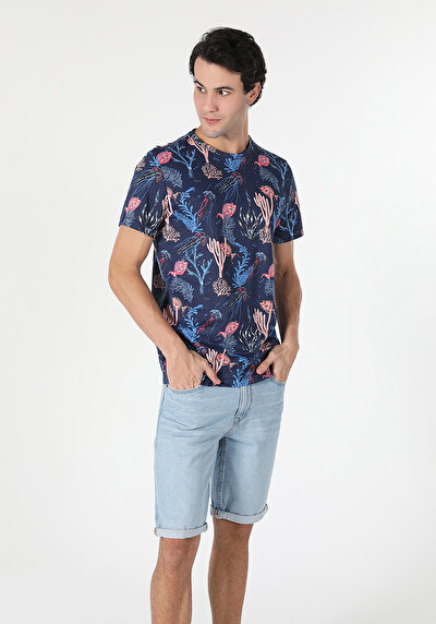 اعرض التفاصيل لـ   رقبة مستديرة مطبوعة رجالي أزرق كحلي كم قصير تي شيرت