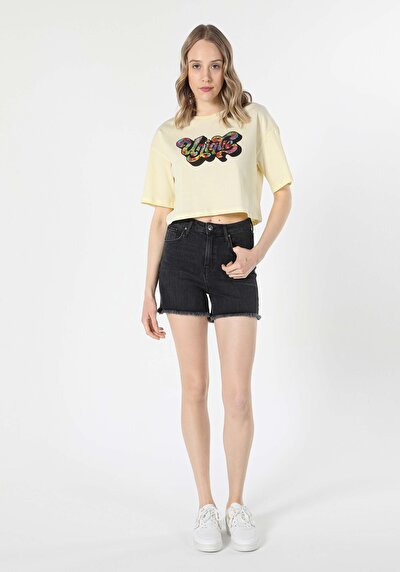 اعرض التفاصيل لـ كومفورت فيت رقبة مستديرة مطبوعة نسائية أصفر كم قصير تي شيرت