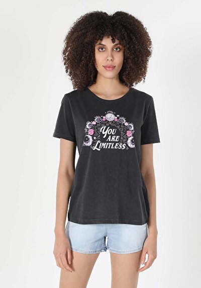 اعرض التفاصيل لـ   رقبة مستديرة مطبوعة نسائية أنثراسايت قصيرة الأكمام تي شيرت