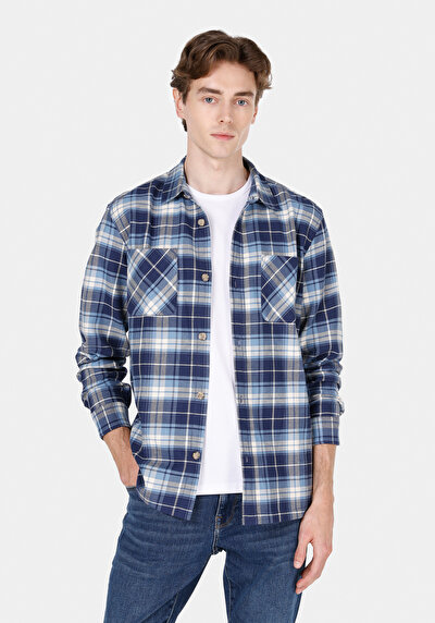 صورة من قميص عادي رقبة منقوشة رجالي أزرق كم طويل قميص