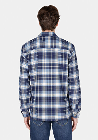 صورة من قميص عادي رقبة منقوشة رجالي أزرق كم طويل قميص