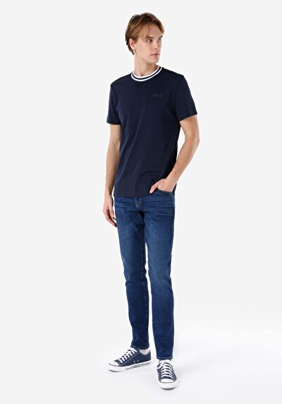 اعرض التفاصيل لـ   رقبة مستديرة مستقيم رجالي أزرق كحلي كم قصير تي شيرت