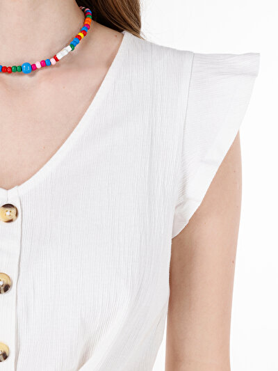 اعرض التفاصيل لـ قطع عادية الخامس الرقبة زرر الأبيض نسائي قصيرة الأكمام تي شيرت Cl1069154  