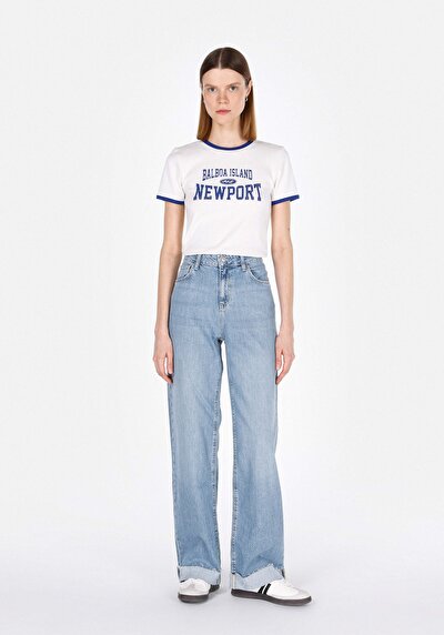 صورة من   خصر عالي ساق واسعة نسائي نيلي جينز