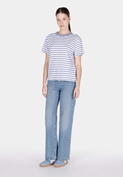 صورة من عادي مقاس رقبة مستديرة مخطط نسائي أزرق كم قصير تي شيرت